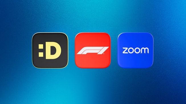 Icons representing the 2024 Apple TV App of the Year finalists: DROPOUT, F1 TV, and Zoom.