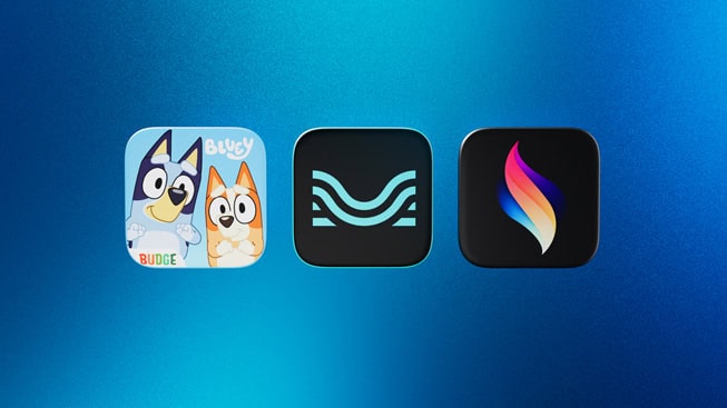 Icons representing the 2024 iPad App of the Year finalists: Bluey: Let’s Play, Moises, and Procreate Dreams.