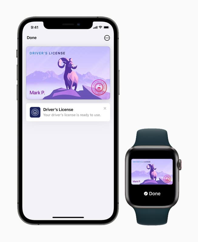 A driver’s license and state ID in the Wallet app on iPhone 12 Pro and Apple Watch Series 6.