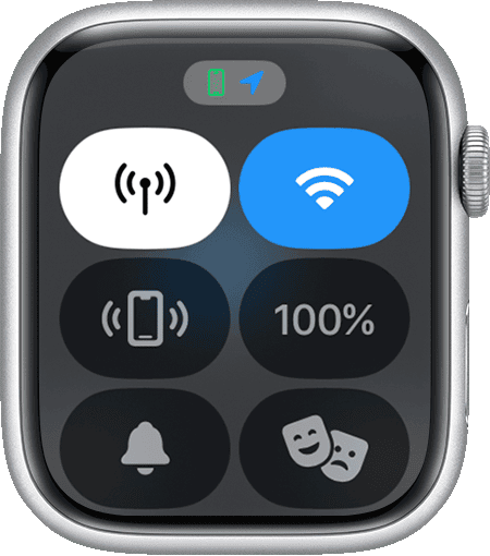 Apple Watch showing the blue arrow location icon at the top of its screen