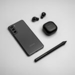 a black samsung phone, ear buds, and a black pen